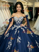 Blue Tulle Lace Appliques Quinceanera Dress