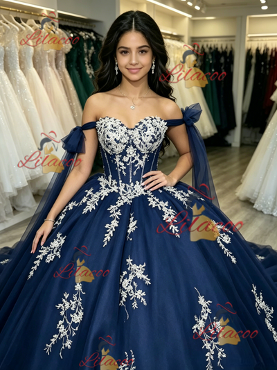 Blue Tulle Lace Appliques Quinceanera Dress