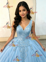 Blue Tulle V-neck Appliques Quinceanera Dress
