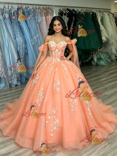 Orange Tulle Off the Shoulder Appliques Quinceanera Dress