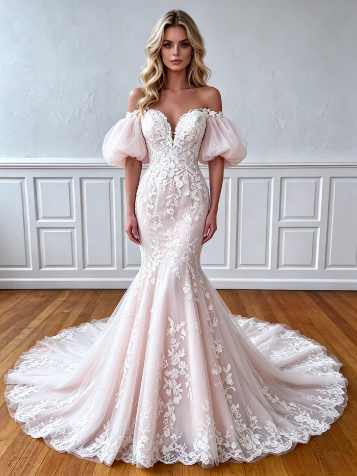 Mermaid Tulle Appliques Puff Sleeve Wedding Dress