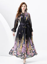 V-neck Wood Ear Ribbon Pleated Printed Dress