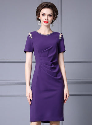 Purple Short Sleeve Beading Mother Of The Bride Dress