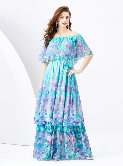 Lotus Leaf Printed Long Cake Dress
