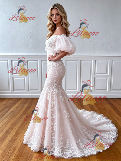 Mermaid Tulle Appliques Puff Sleeve Wedding Dress