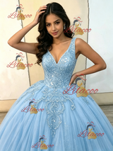 Blue Tulle V-neck Appliques Quinceanera Dress