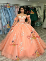 Orange Tulle Off the Shoulder Appliques Quinceanera Dress
