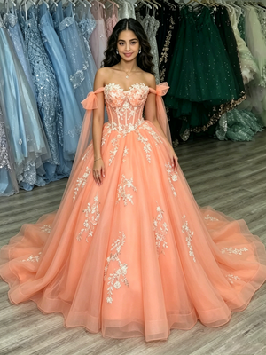Orange Tulle Off the Shoulder Appliques Quinceanera Dress