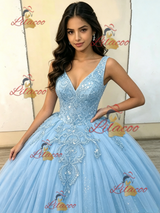 Blue Tulle V-neck Appliques Quinceanera Dress