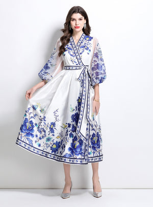 V-neck Gauze Lantern Sleeve Printed Dress