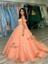 Orange Tulle Off the Shoulder Appliques Quinceanera Dress