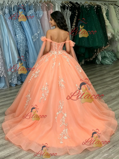 Orange Tulle Off the Shoulder Appliques Quinceanera Dress