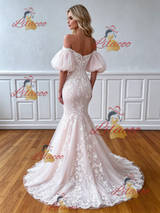 Mermaid Tulle Appliques Puff Sleeve Wedding Dress