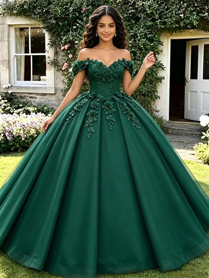 Green Tulle Off the Shoulder Appliques Quinceanera Dress