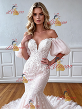 Mermaid Tulle Appliques Puff Sleeve Wedding Dress