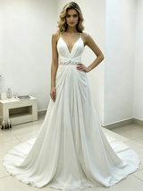 White Chiffon Pleats Straps Wedding Dress
