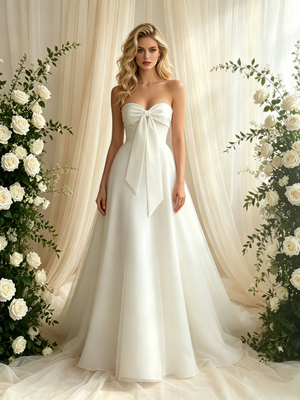 White Tulle Strapless Bow Wedding Dress