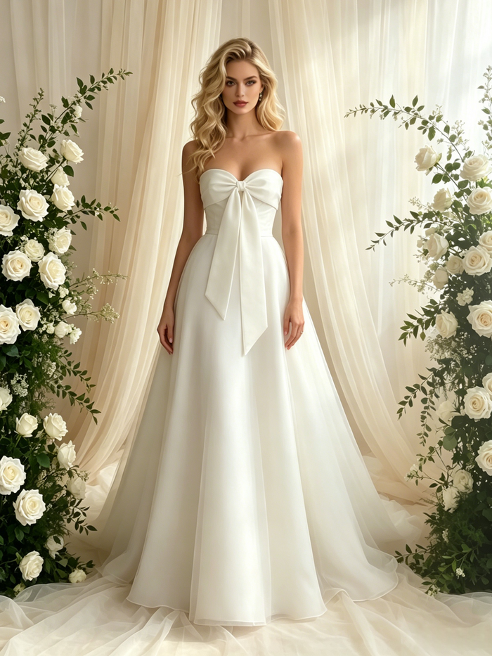 White Tulle Strapless Bow Wedding Dress
