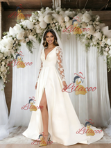 White Satin Long Sleeve V-neck Wedding Dress