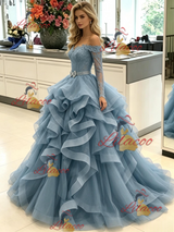 Blue Off the Shoulder Long Sleeve Prom Dress