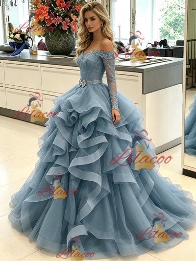 Blue Off the Shoulder Long Sleeve Prom Dress