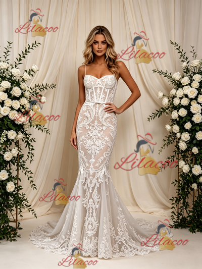 White Mermaid Lace Straps Wedding Dress
