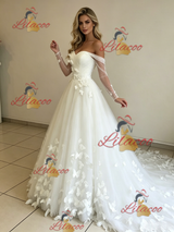 White Tulle Long Sleeve Butterfly Wedding Dress