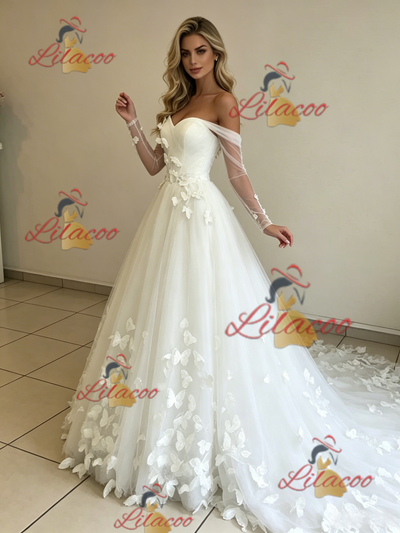 White Tulle Long Sleeve Butterfly Wedding Dress