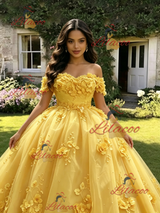 Yellow Tulle Off the Shoulder 3D Appliques Quinceanera Dress