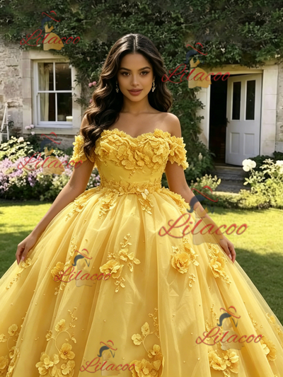 Yellow Tulle Off the Shoulder 3D Appliques Quinceanera Dress
