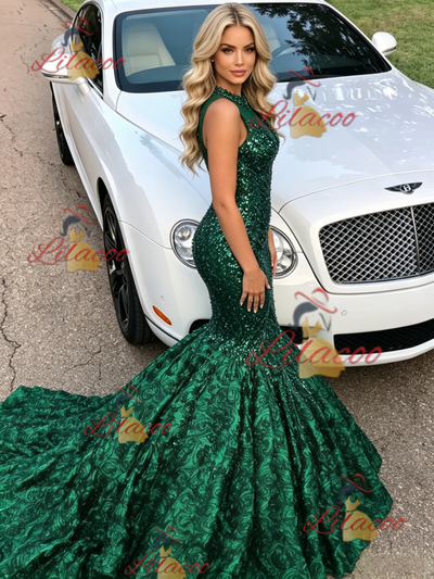 Green Mermaid Sequins Halter Prom Dress