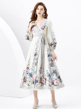 Retro Printed Bubble Sleeve Dress