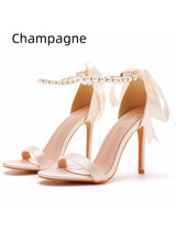 Ribbon Satin Beaded High-heeled Sandals