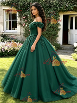 Green Tulle Off the Shoulder Appliques Quinceanera Dress
