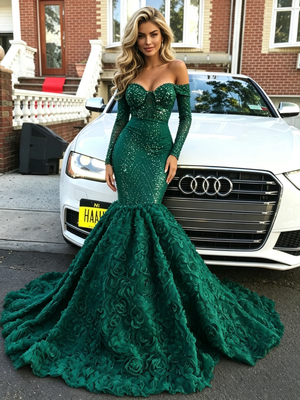 Green Mermaid Long Sleeve Prom Dress