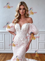 Mermaid Tulle Appliques Puff Sleeve Wedding Dress