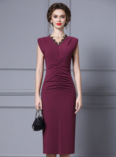 Burgundy V-neck Lace Mother Of The Bride Dress