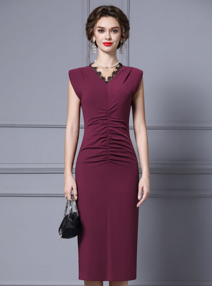 Burgundy V-neck Lace Mother Of The Bride Dress
