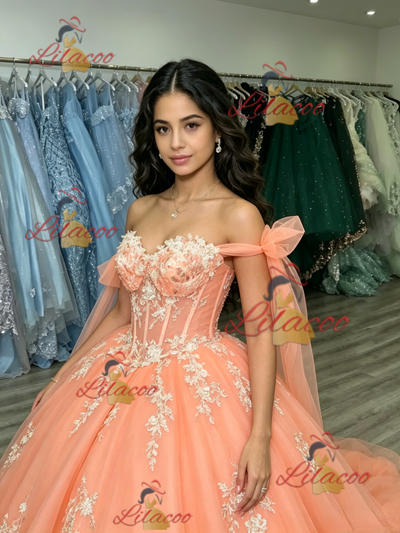 Orange Tulle Off the Shoulder Appliques Quinceanera Dress