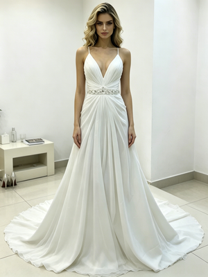 White Chiffon Pleats Straps Wedding Dress