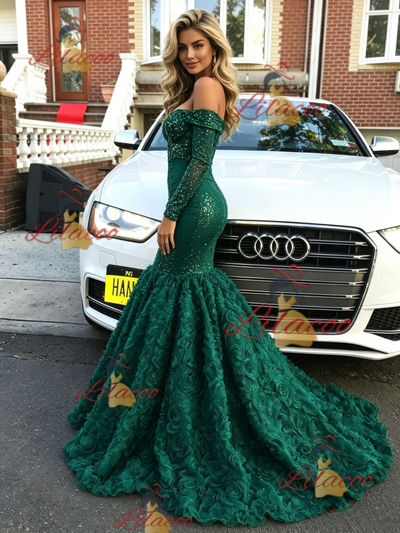 Green Mermaid Long Sleeve Prom Dress