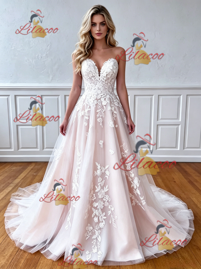 Tulle Appliques Strapless Wedding Dress