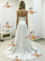 White Chiffon Pleats Straps Wedding Dress