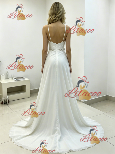 White Chiffon Pleats Straps Wedding Dress