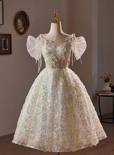 White Tulle Sequins Short Sleeve Homecoming Dress