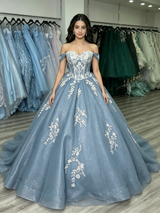 Blue Tulle Off the Shoulder Appliques Quinceanera Dress