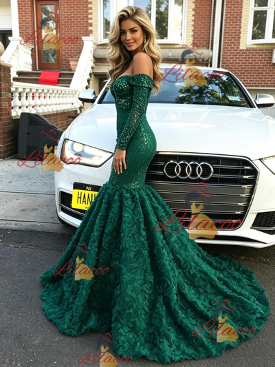 Green Mermaid Long Sleeve Prom Dress