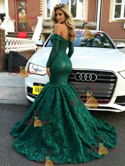 Green Mermaid Long Sleeve Prom Dress