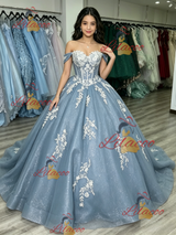 Blue Tulle Off the Shoulder Appliques Quinceanera Dress
