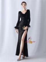 Long Sleeve V-neck Sequins Prom Dress